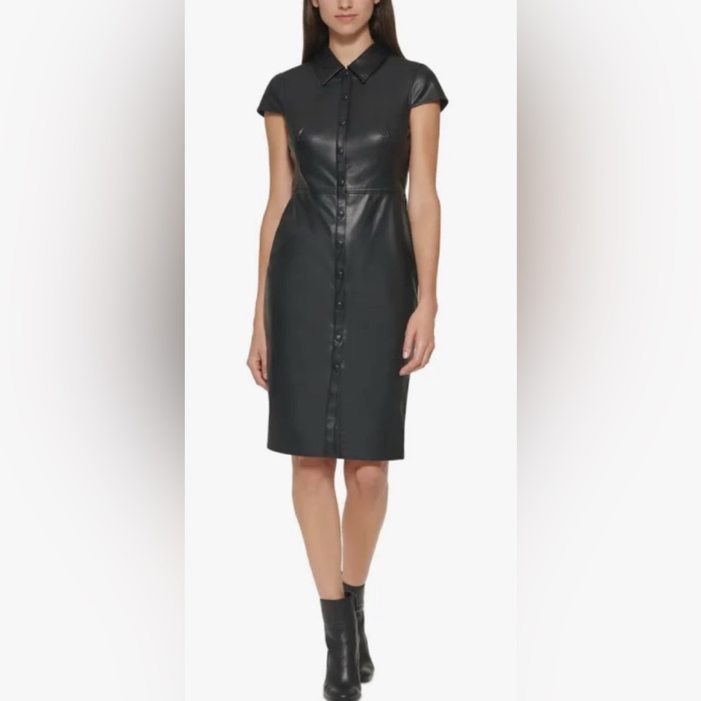 Calvin Klein Faux Leather Black Knee-Length Dress